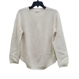 August Mist Women's White Open Weave Knit Preppy Elbow Patch Round Hem Sweater L